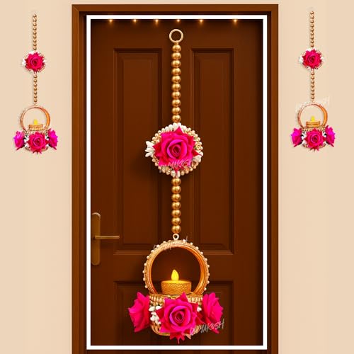 Image 7 of Divyakosh Hanging Pink Rose Flower with Brass Diya/Tealight Holder with LED T- Light, Set of 2, Size 22 Inch - Diwali Decoration, Latkan Tealight Holder, Candle Light Holder, Wall Decoration