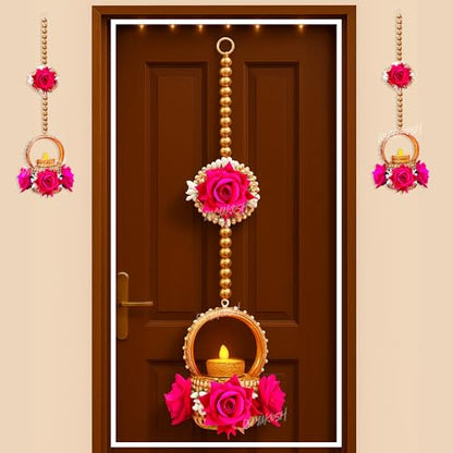 Image 7 of Divyakosh Hanging Pink Rose Flower with Brass Diya/Tealight Holder with LED T- Light, Set of 2, Size 22 Inch - Diwali Decoration, Latkan Tealight Holder, Candle Light Holder, Wall Decoration