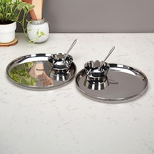 Image 1 of Default Title for the product Sumeet plain Stainless Steel Heavy Gauge Mirror Finish Dinner set of 6 Pcs (2 Plate, 2 Bowl/Wati, 2 Spoon), Silver