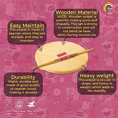 Image 4 of HAZEL Wood Polpat Chakla Roti Chapati Maker 21 cm with Wood Roti Roller Belan Rolling Pin 36 cm