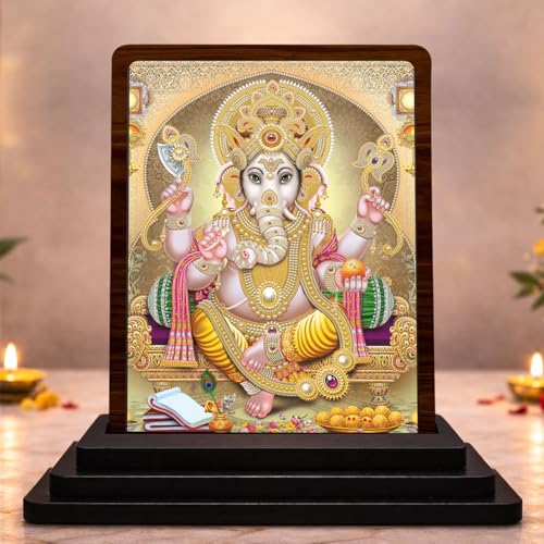 Image 1 of Default Title for the product Traditional Pooja Lord Ganesha Wooden Table Idol 4x5 Inch HD Printed Decorative Piece