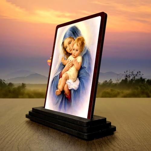 Image 3 of HD Printed Mother Mary with Child Wooden Idol 4x5 Inch Sacred Portrait Spiritual Showpiece
