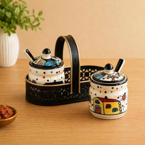 Image 1 of Default Title for the product ExclusiveLane The Hut Ceramic Pickle Jars with Spoons & Iron Holder Set of 2 280 ml