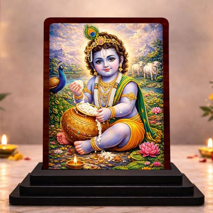Image 1 of Default Title for the product Royal Darshan Bal Krishna Wooden Table Idol 4x5 Inch HD Printed Decorative Piece