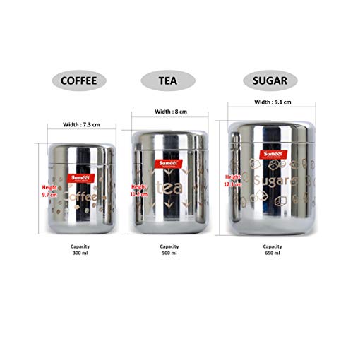 Image 5 of Sumeet Stainless steel Laser printed Tea; Cofee; Sugar Canisters Set of 3 (Capacity - Coffee - 300 ml; Tea 500 ml; Sugar 650ml), Silver