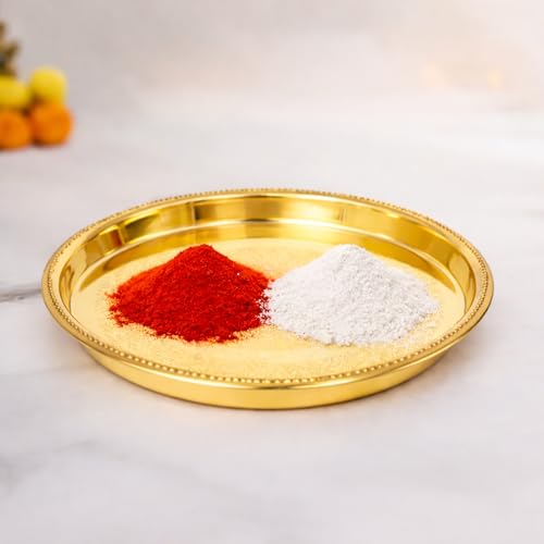 Image 5 of Spillbox Brass Pooja Thali For Mandir Traditional Pital Puja Engraved Aarti Thali -9 Inch-Petal Plate