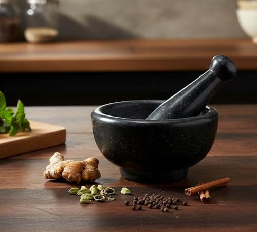 Image 2 of KLEO 6" Wide (BIG SIZE) BLACK Natural Marble Stone Mortar And Pestle Set