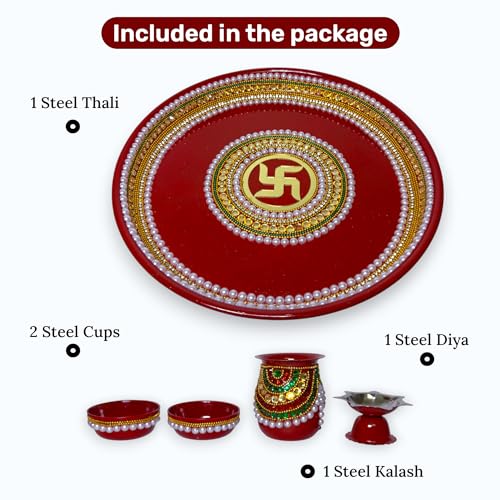 Image 5 of RIA Studio Traditional Swastik Pooja Thali Set Stainless Steel Prayer Plate with Kundan Decoration 5-Piece Hindu Worship Kit (Red, 10 Inch)