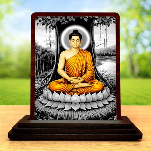 Image 2 of Ornate Frame Buddha Wooden Table Idol 4x5 Inch HD Printed Decorative Piece