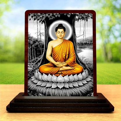 Image 2 of Ornate Frame Buddha Wooden Table Idol 4x5 Inch HD Printed Decorative Piece