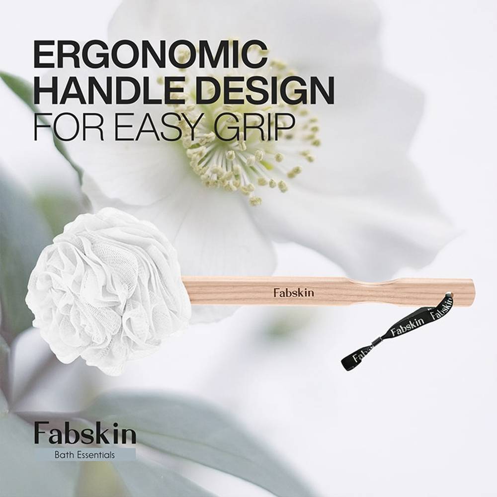 Image 3 of Fabskin Loofah Duo Pack - Bath Brush With Wooden Handle & Round Loofah - For Men & Women-White