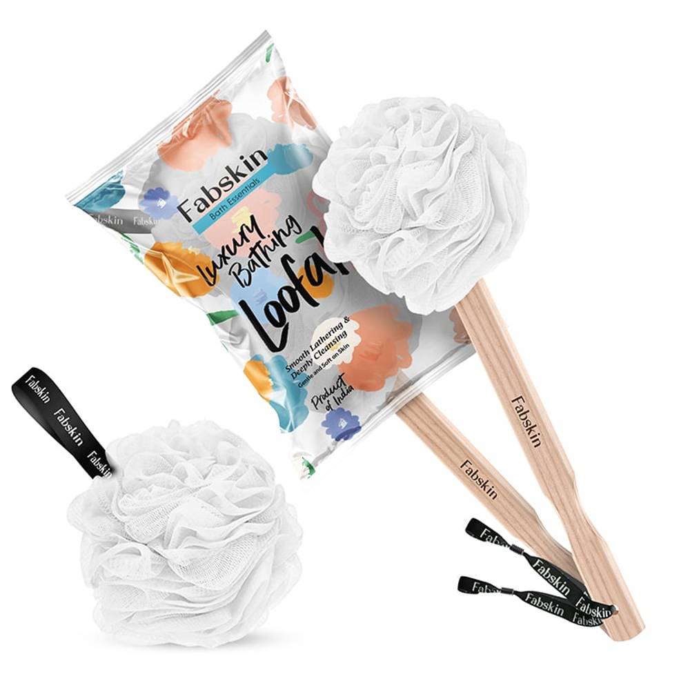 Image 1 of 1 Pc / Pack of 1 for the product Fabskin Loofah Duo Pack - Bath Brush With Wooden Handle & Round Loofah - For Men & Women-White