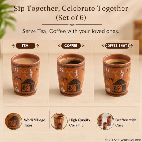 Image 3 of ExclusiveLane Warli Village Tales Handcrafted Ceramic Cutting Chai Glasses Set of 6 Tea Glasses Tea Cups Coffee Mug 100 ML Microwave Safe