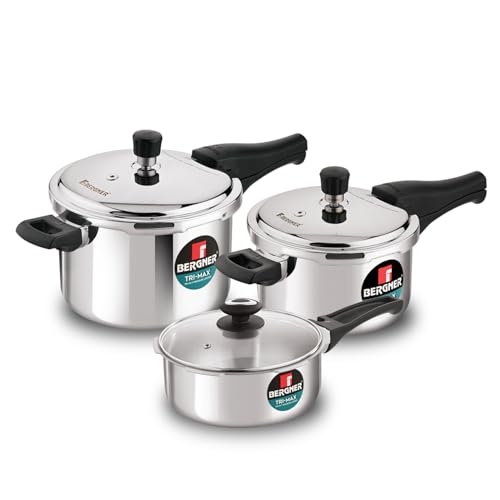 Image 1 of Default Title for the product BERGNER Bergner Trimax Triply Stainless Steel Outer Lid Pressure Cooker Multi Combo - 5 L Cooker 3 L Pressure Pan, 2 L Cooker with Glass Lid
