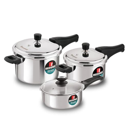 Image 1 of Default Title for the product BERGNER Bergner Trimax Triply Stainless Steel Outer Lid Pressure Cooker Multi Combo - 5 L Cooker 3 L Pressure Pan, 2 L Cooker with Glass Lid