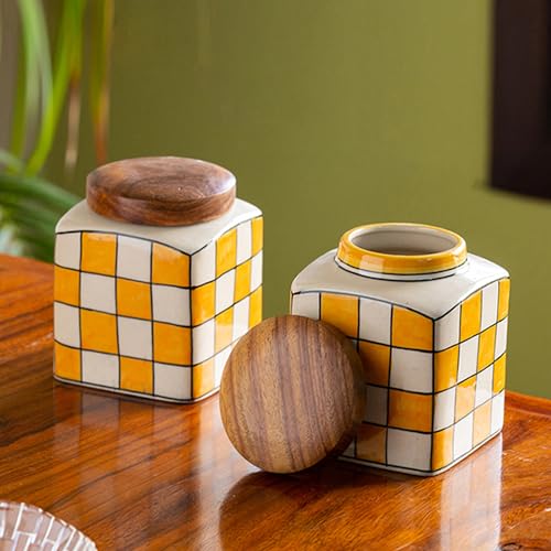Image 1 of Default Title for the product ExclusiveLane Shatranj Check Handpainted Multipurpose Storage Ceramic Jars & Containers with Wooden Lid Set of 2 240 ML