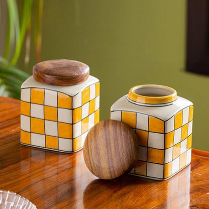 Image 1 of Default Title for the product ExclusiveLane Shatranj Check Handpainted Multipurpose Storage Ceramic Jars & Containers with Wooden Lid Set of 2 240 ML