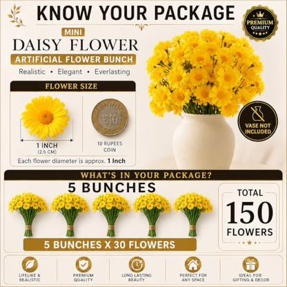 Image 3 of Divyakosh Artificial Daisy Flowers Bunch for Home Decor, Pack of 5 with 150 Yellow Flowers, Faux Floral Arrangement for Vase, Living Room, Wedding, Festive & Party Decoration