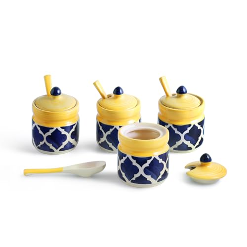 Image 4 of ExclusiveLane 'Moroccan' Ceramic Pickle Jars for Dining Table With Spoon & Wooden Holder (Set Of 4, Non-Airtight, 310 ml) | Pickle Jar With Spoon Achar Jar Set Achar Container Set for Dining Table|