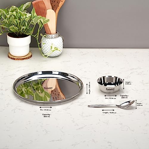 Image 4 of Sumeet Stainless Steel Heavy Gauge Mirror Finish Dinner Set of 9 Pcs (3 Plate, 3 Bowl/Wati, 3 Spoon), Silver