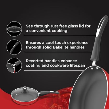 Image 3 of Preethi Dura Collection Non Stick Fry Pan, 24 cm, with Glass Lid, Gas & Induction Compatible, 5 Star Non Stick Effect, Chilly Red