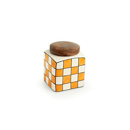 Image 3 of ExclusiveLane Shatranj Check Handpainted Multipurpose Storage Ceramic Jar with Wooden Lid 240 ML