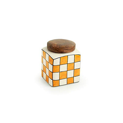 Image 3 of ExclusiveLane Shatranj Check Handpainted Multipurpose Storage Ceramic Jar with Wooden Lid 240 ML
