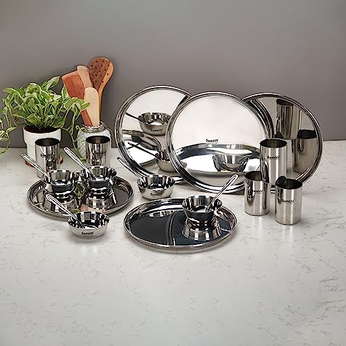 Image 5 of Sumeet Stainless Steel Heavy Gauge Mirror Finish Solid Dinner Set Of 20 Pcs (5 Plate, 5 Bowl/Wati, 5 Glass, 5 Spoon), Silver