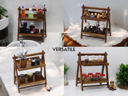 Image 4 of Vesta Homes Foldable Home and Kitchen Organizer Countertop Tiered Shelf Rack/Double Tray/Storage Shelves/Spice Shelf/Wooden Organizer for Office, Bedroom | 43 x 23 x 38 cms | Handcrafted in India
