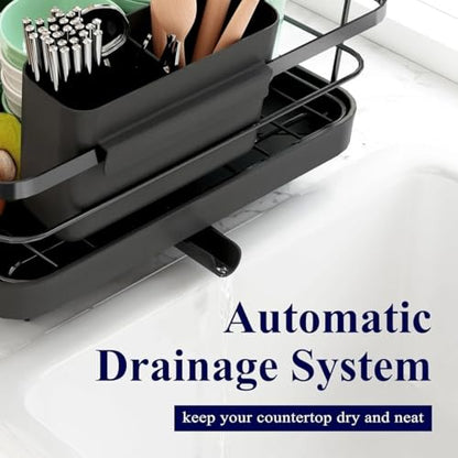 Image 4 of HomeWiz Plastic Dish Drying Rack with Spoon Holder, Built-in Drain Outlet, Heavy Duty Bartan Stand, 43×32×13 cm, Black