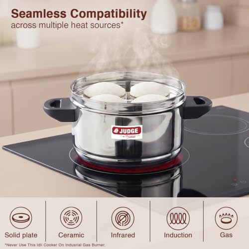 Image 4 of Judge by Prestige Stainless Steel Idli Cooker with 4 Plates, 1 Liters, 25 x 25 x 21 Centimeters, Silver|Induction and Gas Stove Compatible