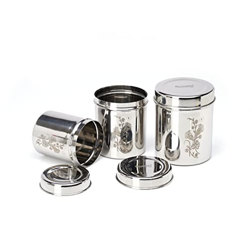 Image 6 of Sumeet Designer Stainless Steel Vertical Canisters/Ubha Dabba/Storage Containers Set of 3Pc (400ml,500ml,750ml), Silver