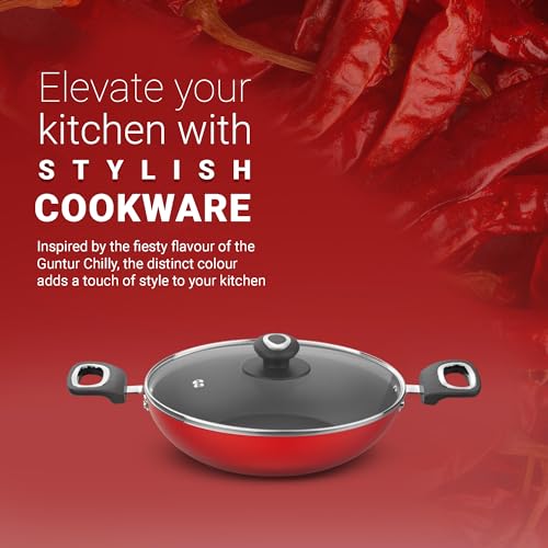 Image 4 of Preethi Dura Collection Non Stick Kadai, 24 cm, with Glass Lid, Gas & Induction Compatible, 5 Star Non Stick Effect, Chilly Red