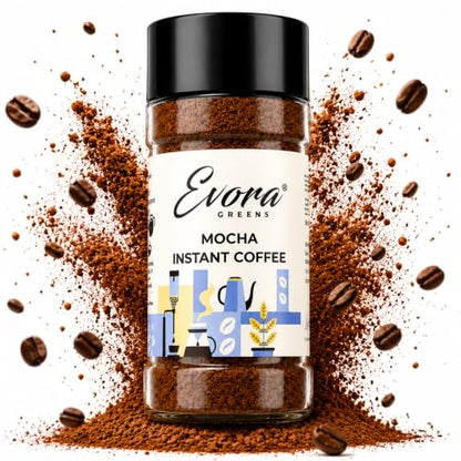 Image 1 of Pack of 1 for the product EVORA Greens 100gm Instant Coffee Powder | Mocha Flavour | Coffee with Arabica & Robusta Blend - Medium Roast | Make 50 Cups