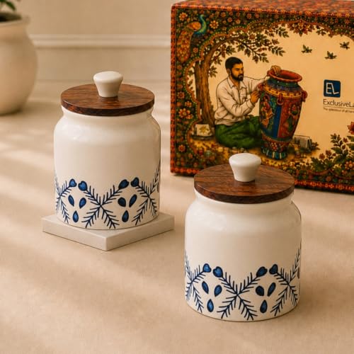 Image 1 of Default Title for the product ExclusiveLane 'Royal Mughal' Airtight Ceramic Jars For Kitchen Storage With Wooden Lid Ceramic Containers For Pickle Cookies Sugar Dry Fruits (Set of 2, Airtight, 380 ML, Hand-Painted, 13.4 Cm)