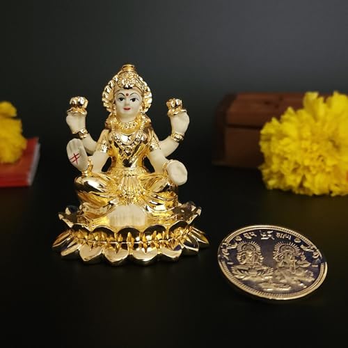 Image 1 of Default Title for the product Gold Art India Laxmi Idol on Kamal Gold Plated with Off White Terracotta Work with Gold Plated Coin