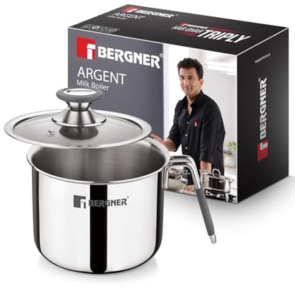 Image 1 of 1 Litres for the product BERGNER Argent Triply Stainless Steel Milk Boiler with Glass Lid