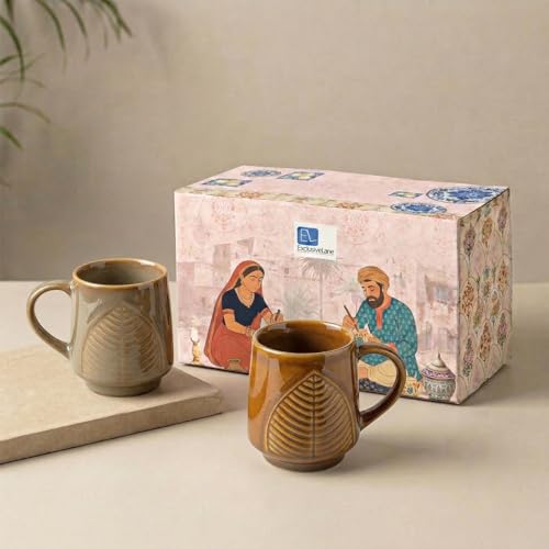 Image 2 of ExclusiveLane Leaf & Lines Ceramic Coffee Mugs Set of 2 (300 ml)