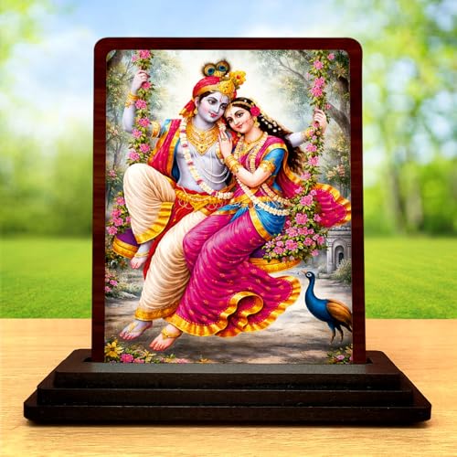 Image 2 of Radha Krishna Ornate Frame Wooden Idol 4x5 Inch HD Printed Table Decor for Home Temple