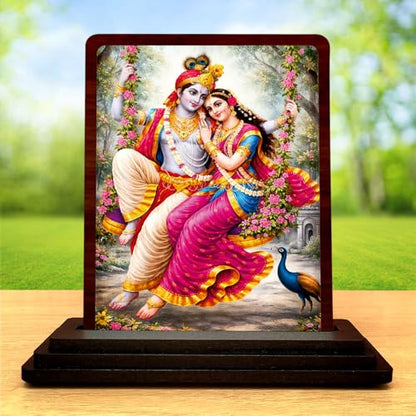 Image 2 of Radha Krishna Ornate Frame Wooden Idol 4x5 Inch HD Printed Table Decor for Home Temple