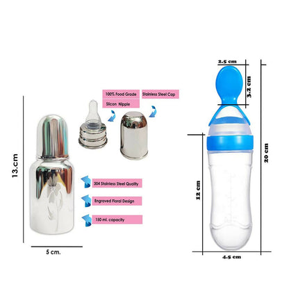 Image 2 of Goodmunchkins Stainless Steel Feeding Bottle & Spoon Food Feeder Anti Colic Silicone Nipple Combo-(Blue, 150ml)