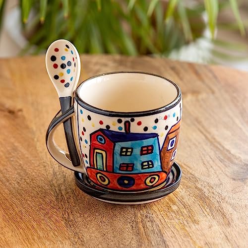 Image 1 of Multicolor for the product ExclusiveLane The Hut Jumbo Cuppas Ceramic Soup & Coffee Mugs Set with Coaster & Spoon 300 ML