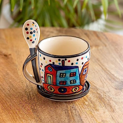 Image 1 of Multicolor for the product ExclusiveLane The Hut Jumbo Cuppas Ceramic Soup & Coffee Mugs Set with Coaster & Spoon 300 ML