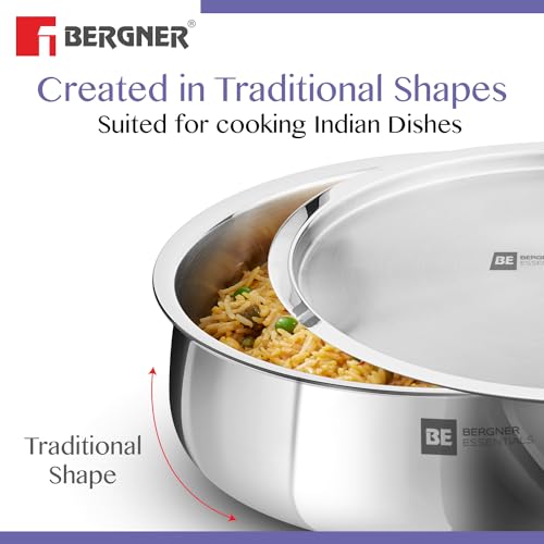 Image 7 of BERGNER Tripro BE Essentials 5 Pcs Triply Cookware Set - 24cm Kadai with Lid, 22cm Frypan and 24cm (4.4L) Biryani Handi with Lid