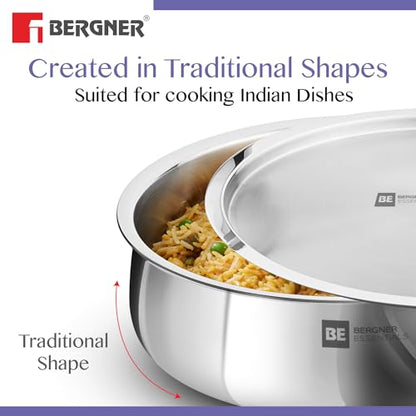 Image 7 of BERGNER Tripro BE Essentials 5 Pcs Triply Cookware Set - 24cm Kadai with Lid, 22cm Frypan and 24cm (4.4L) Biryani Handi with Lid
