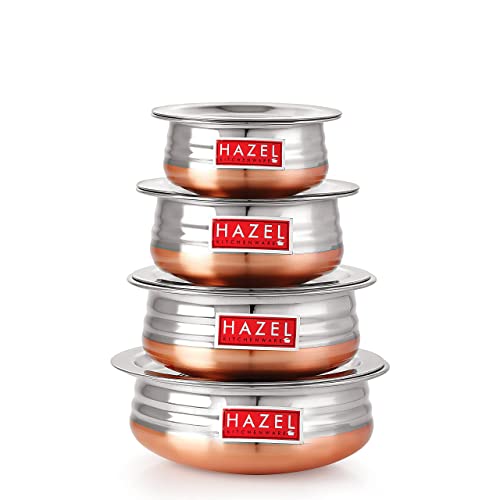 Image 1 of Default Title for the product HAZEL Copper Bottom Uruli with Lid Stainless Steel Biryani Cooking and Serving Pot Set of 4