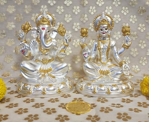 Image 5 of Gold Art India Round Base Laxmi Ganesh Silver Matte Idol 5" Inch
