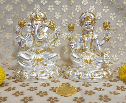 Image 5 of Gold Art India Round Base Laxmi Ganesh Silver Matte Idol 5" Inch