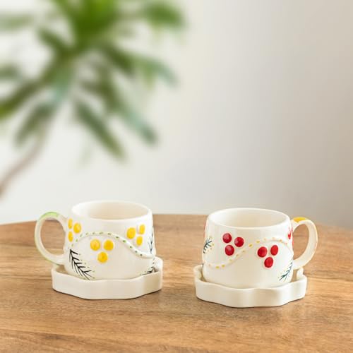 Image 1 of Default Title for the product ExclusiveLane Sunbeam Bloom Hand-Painted Ceramic Tea Cup with Saucer Set of 2