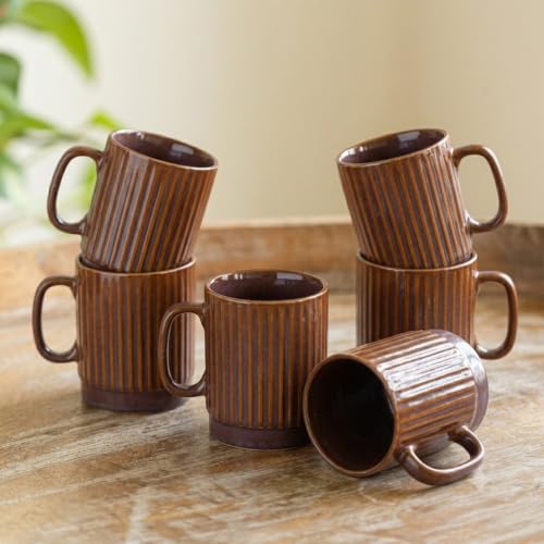 Image 1 of 6 / Mocha Ribbed for the product ExclusiveLane Mocha Ribbed Ceramic Coffee Mugs Set of 6 330 ml